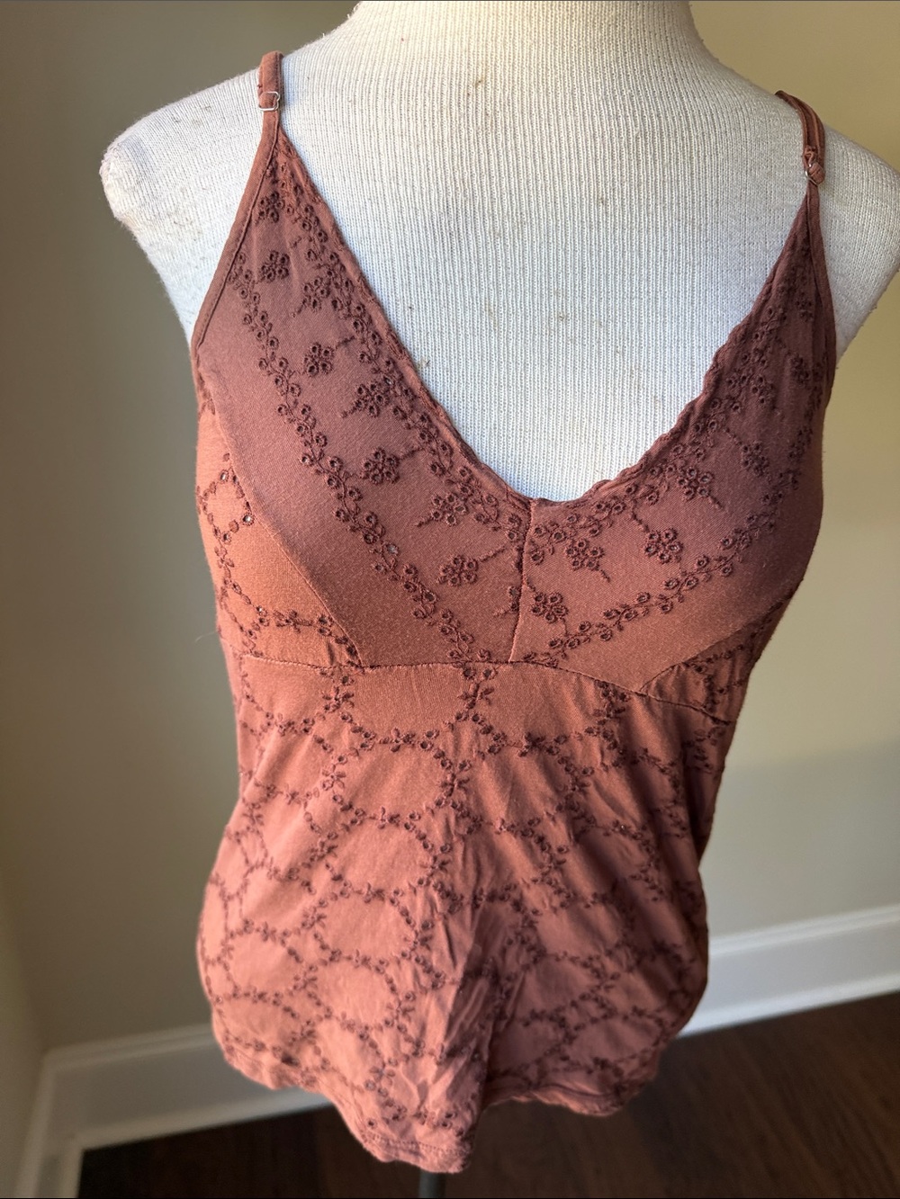 Embroidered V-Neck Slip Chemise in Rust
